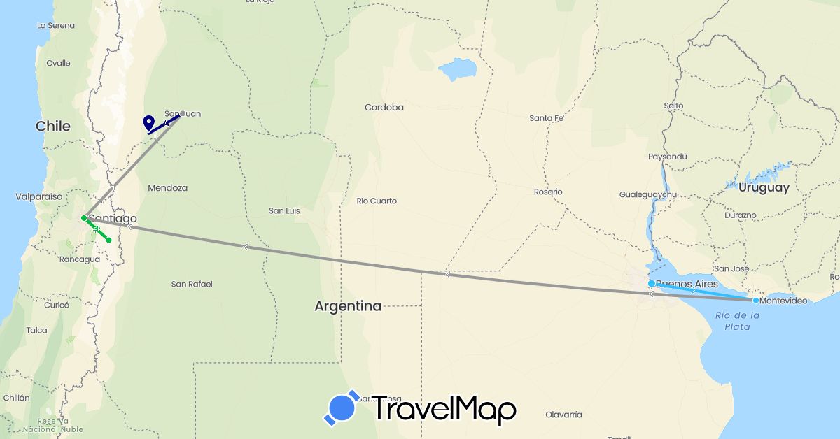 TravelMap itinerary: driving, bus, plane, boat in Argentina, Chile, Uruguay (South America)